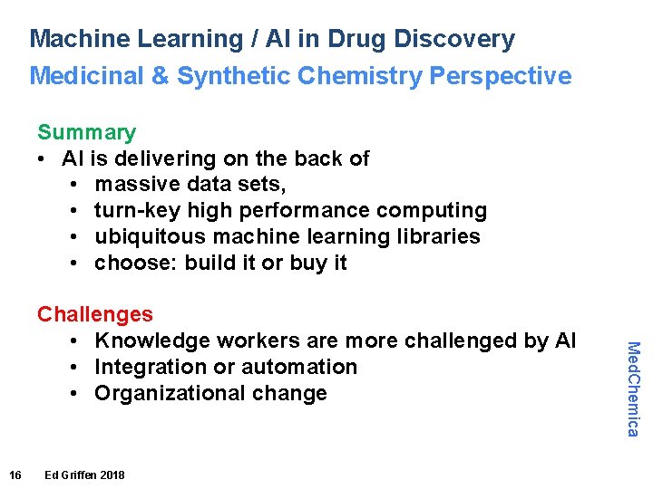 Machine Learning / AI in Drug Discovery Medicinal & Synthetic Chemistry Perspective Summary • Machine Learning / AI in Drug Discovery Medicinal & Synthetic Chemistry Perspective Summary •