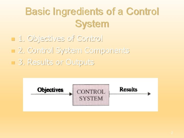 Basic Ingredients of a Control System n n n 1. Objectives of Control 2.