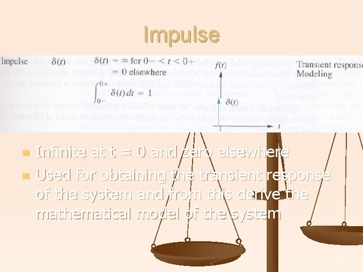 Impulse n n Infinite at t = 0 and zero elsewhere Used for obtaining