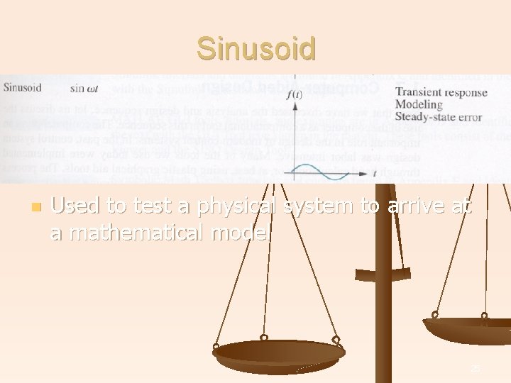 Sinusoid n Used to test a physical system to arrive at a mathematical model