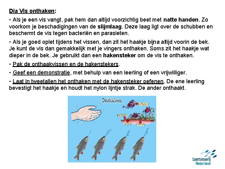Dia Vis onthaken: • Als je een vis vangt, pak hem dan altijd voorzichtig