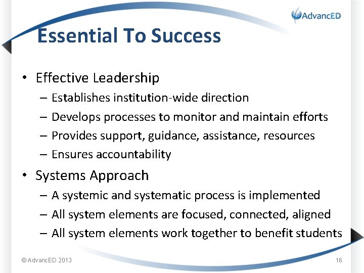Essential To Success • Effective Leadership – Establishes institution-wide direction – Develops processes to