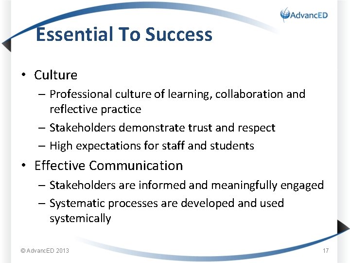 Essential To Success • Culture – Professional culture of learning, collaboration and reflective practice