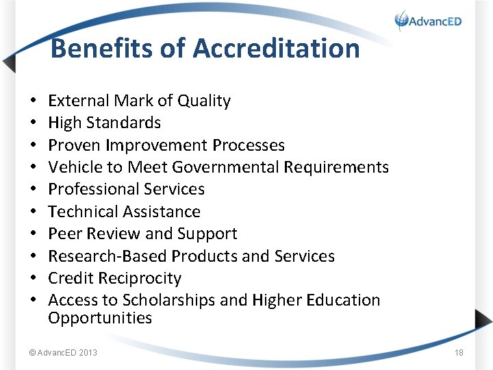 Benefits of Accreditation • • • External Mark of Quality High Standards Proven Improvement