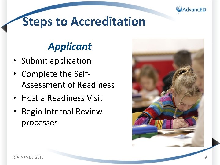 Steps to Accreditation Applicant • Submit application • Complete the Self. Assessment of Readiness