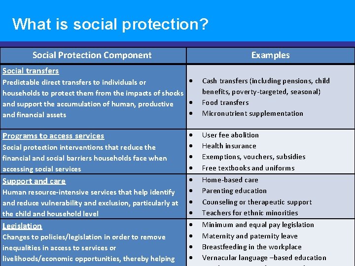 What is social protection? Social Protection Component Examples Social transfers Predictable direct transfers to