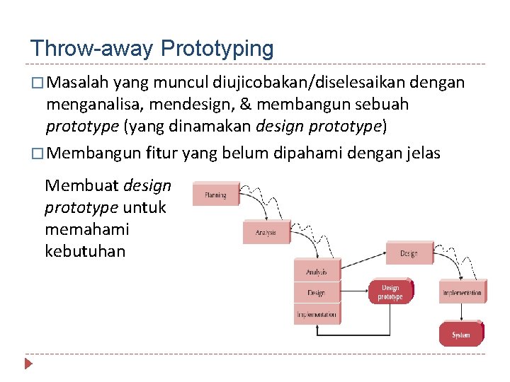 Throw-away Prototyping � Masalah yang muncul diujicobakan/diselesaikan dengan menganalisa, mendesign, & membangun sebuah prototype