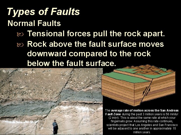 Types of Faults Normal Faults Tensional forces pull the rock apart. Rock above the
