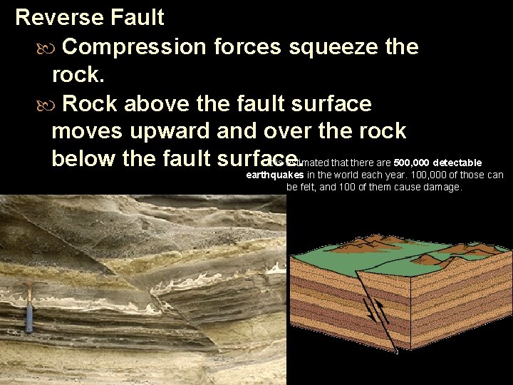 Reverse Fault Compression forces squeeze the rock. Rock above the fault surface moves upward