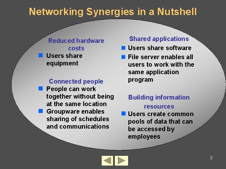 Networking Synergies in a Nutshell Reduced hardware costs n Users share equipment Connected people