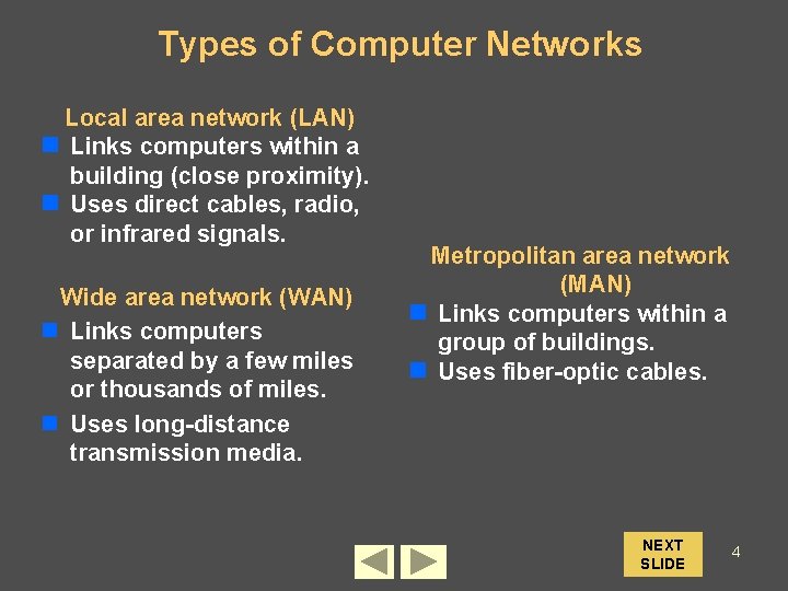 Types of Computer Networks Local area network (LAN) n Links computers within a building
