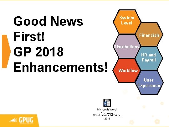 Good News First! GP 2018 Enhancements! System Level Financials Distributions HR and Payroll Workflow