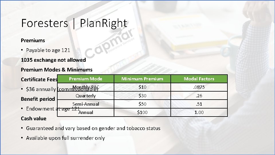 Foresters | Plan. Right Premiums • Payable to age 121 1035 exchange not allowed