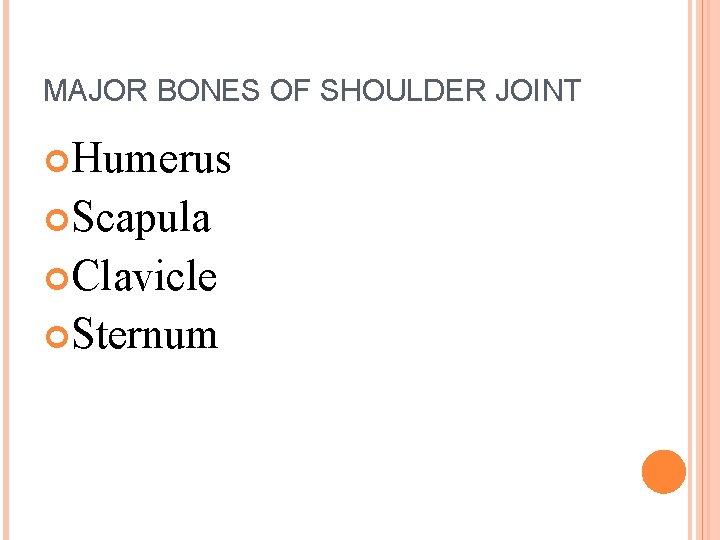 MAJOR BONES OF SHOULDER JOINT Humerus Scapula Clavicle Sternum 