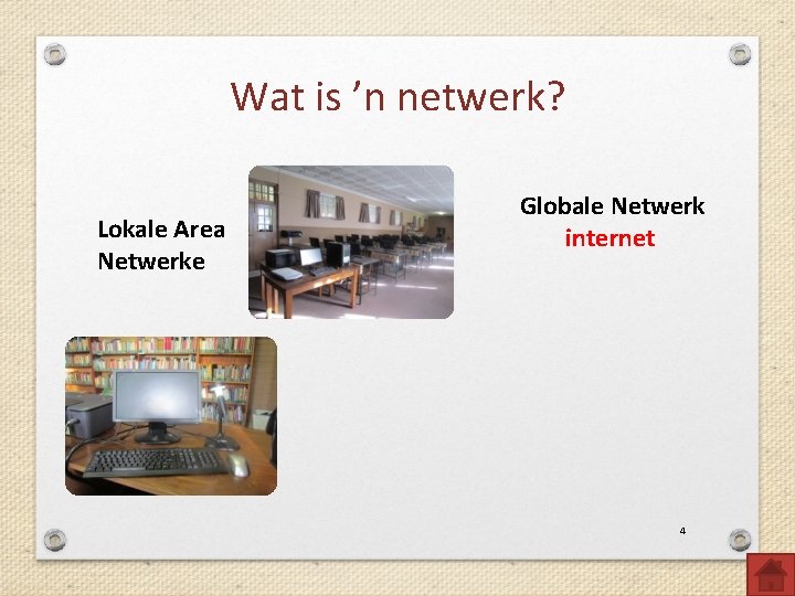 Wat is ’n netwerk? Lokale Area Netwerke Globale Netwerk internet 4 