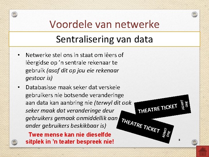 Voordele van netwerke Twee mense kan nie dieselfde sitplek in ’n teater bespreek nie!