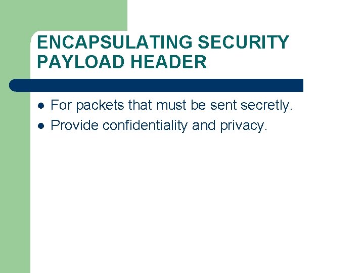 ENCAPSULATING SECURITY PAYLOAD HEADER l l For packets that must be sent secretly. Provide