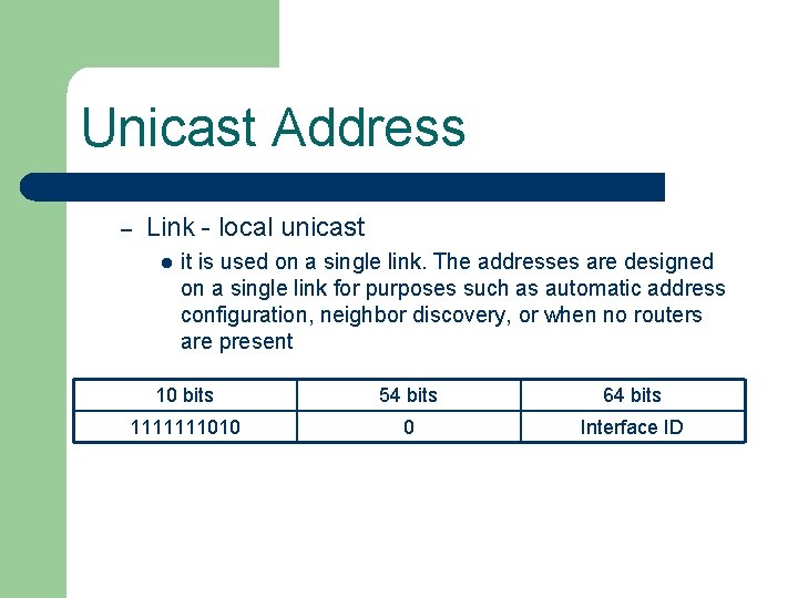 Unicast Address – Link - local unicast l it is used on a single