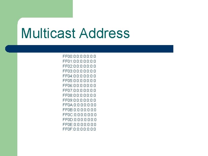 Multicast Address FF 00: 0: 0 FF 01: 0: 0: 0: 0 FF 02: