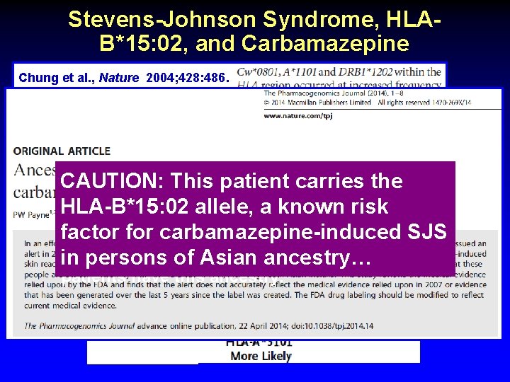 Stevens-Johnson Syndrome, HLAB*15: 02, and Carbamazepine Chung et al. , Nature 2004; 428: 486.