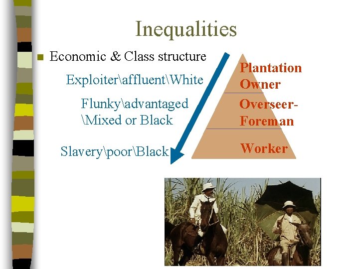 Inequalities n Economic & Class structure ExploiteraffluentWhite Flunkyadvantaged Mixed or Black SlaverypoorBlack Plantation Owner