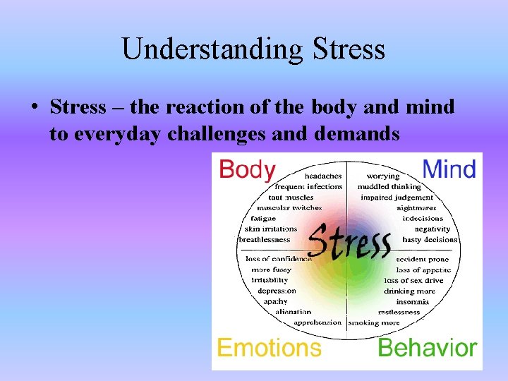 Understanding Stress • Stress – the reaction of the body and mind to everyday