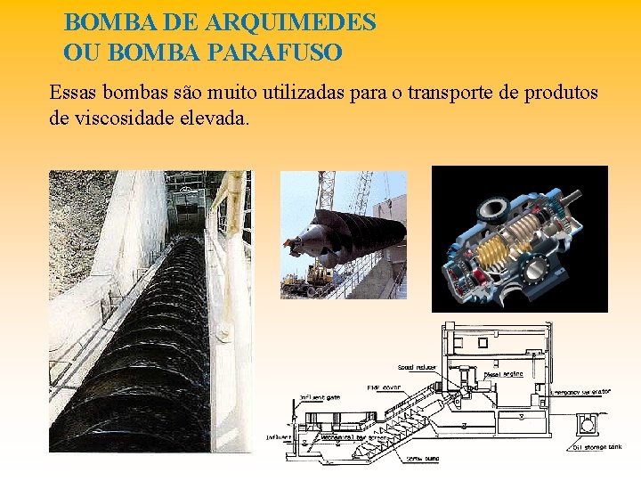 BOMBA DE ARQUIMEDES OU BOMBA PARAFUSO Essas bombas são muito utilizadas para o transporte