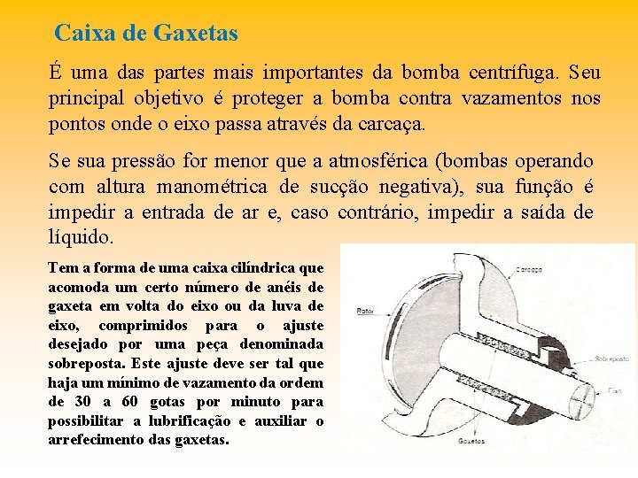 Caixa de Gaxetas É uma das partes mais importantes da bomba centrífuga. Seu principal