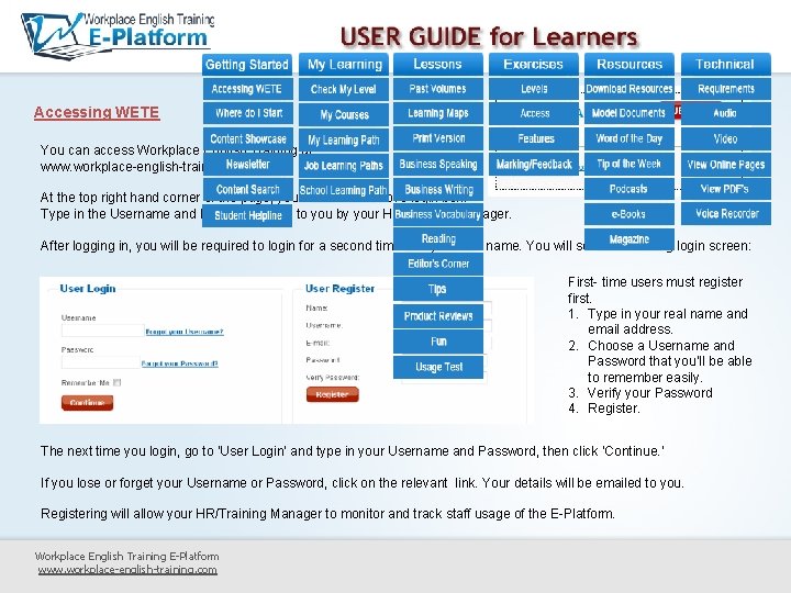 Accessing WETE You can access Workplace English Training at: www. workplace-english-training. com At the