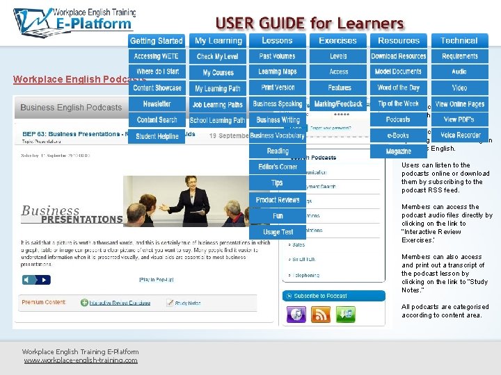 Workplace English Podcasts Workplace English Podcast is published twice a month. The podcasts are