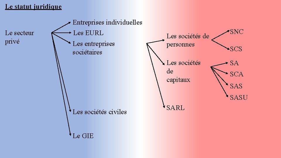 Le statut juridique Entreprises individuelles Le secteur privé Les EURL Les entreprises sociétaires Les