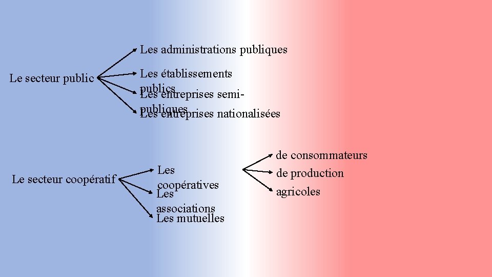 Les administrations publiques Le secteur public Les établissements publics Les entreprises semipubliques Les entreprises