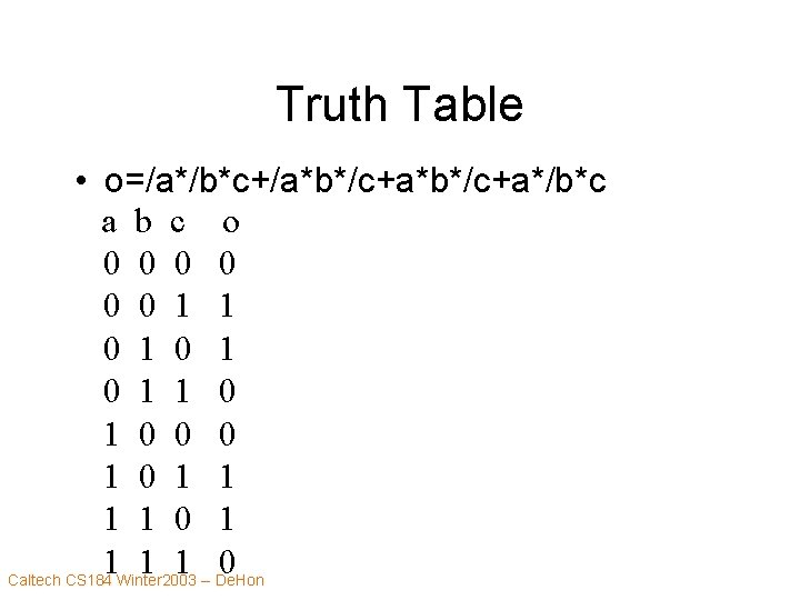 Truth Table • o=/a*/b*c+/a*b*/c+a*/b*c a b c o 0 0 0 1 1 0