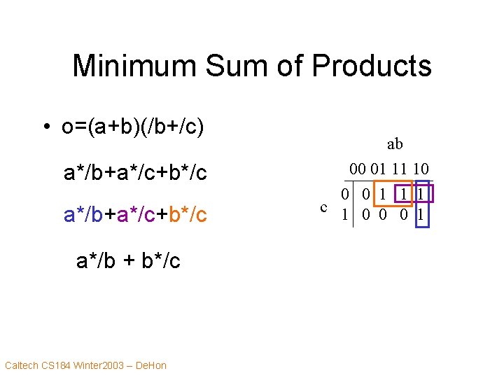 Minimum Sum of Products • o=(a+b)(/b+/c) a*/b+a*/c+b*/c a*/b + b*/c Caltech CS 184 Winter