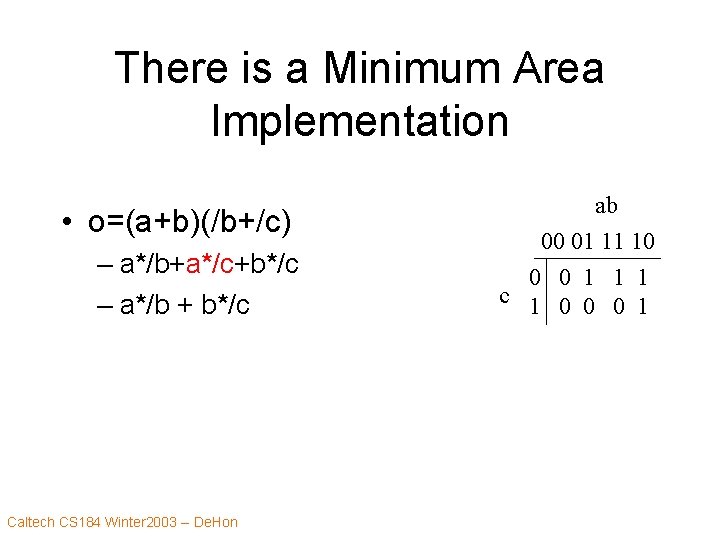 There is a Minimum Area Implementation • o=(a+b)(/b+/c) – a*/b+a*/c+b*/c – a*/b + b*/c