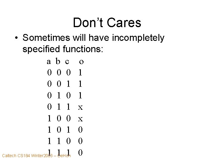 Don’t Cares • Sometimes will have incompletely specified functions: a b c o 0