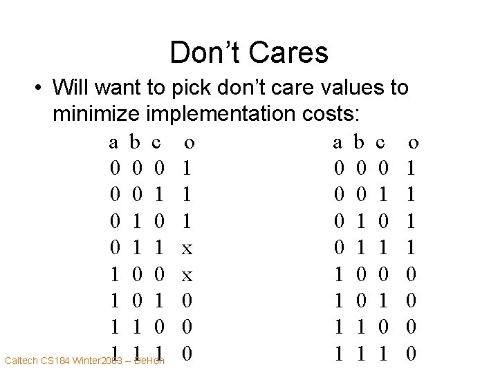 Don’t Cares • Will want to pick don’t care values to minimize implementation costs: