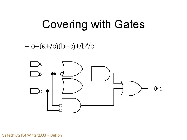 Covering with Gates – o=(a+/b)(b+c)+/b*/c Caltech CS 184 Winter 2003 -- De. Hon 