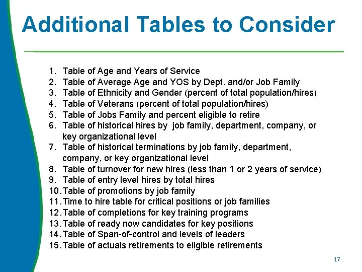 Additional Tables to Consider 1. 2. 3. 4. 5. 6. Table of Age and