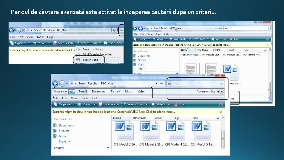 Panoul de căutare avansată este activat la începerea căutării după un criteriu. 