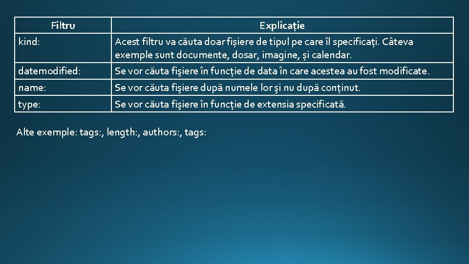 Filtru Explicaţie kind: Acest filtru va căuta doar fișiere de tipul pe care îl