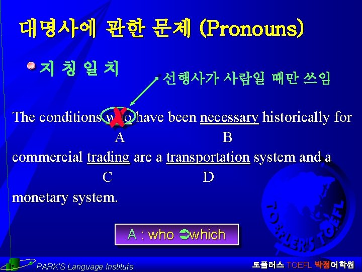 대명사에 관한 문제 (Pronouns) 지칭일치 선행사가 사람일 때만 쓰임 The conditions who have been