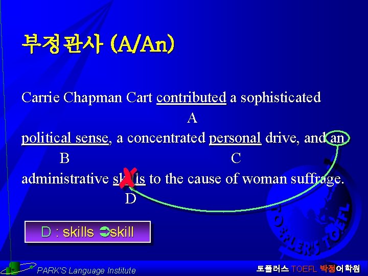 부정관사 (A/An) Carrie Chapman Cart contributed a sophisticated A political sense, a concentrated personal