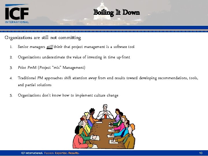 Boiling It Down Organizations are still not committing 1. Senior managers still think that