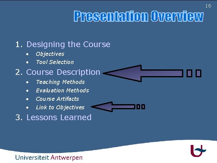 16 1. Designing the Course • • Objectives Tool Selection 2. Course Description •