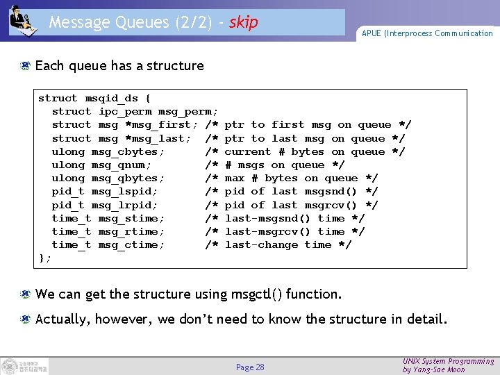 Message Queues (2/2) - skip APUE (Interprocess Communication Each queue has a structure struct