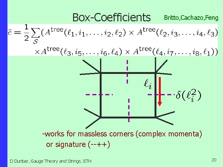 Box-Coefficients Britto, Cachazo, Feng -works for massless corners (complex momenta) or signature (--++) D