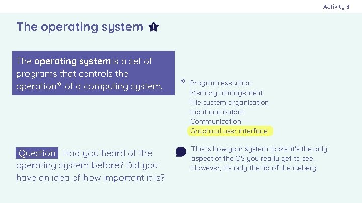 Activity 3 The operating system is a set of programs that controls the operation✻