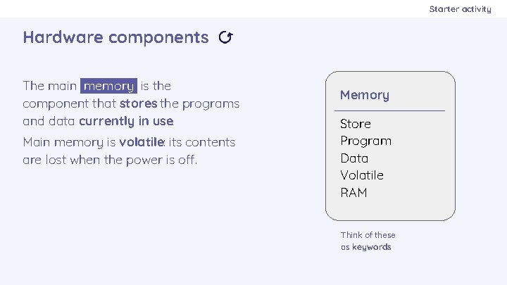 Starter activity Hardware components The main memory is the component that stores the programs