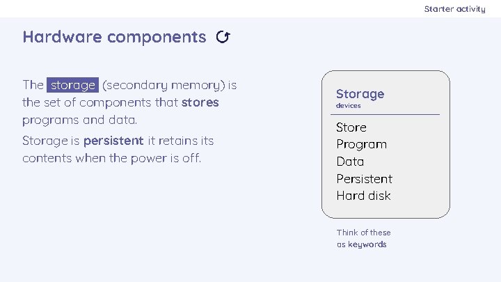 Starter activity Hardware components The storage (secondary memory) is the set of components that